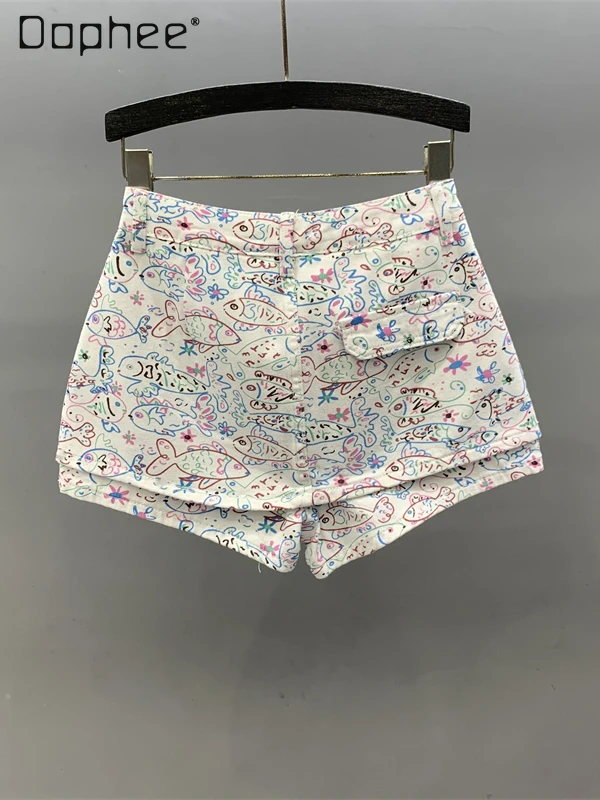 Sweet Cute Cartoon Printed Denim Shorts Women 2025 Summer New High-waisted Slim A-word Short Skirt Street Fashion Sexy Shorts