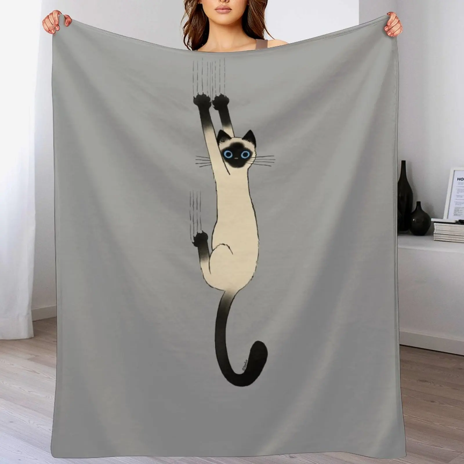 Siamese Cat Hanging On with Claws Funny Cat Holding On Throw Blanket Reusable Durable Soft Blanket for All Seasons
