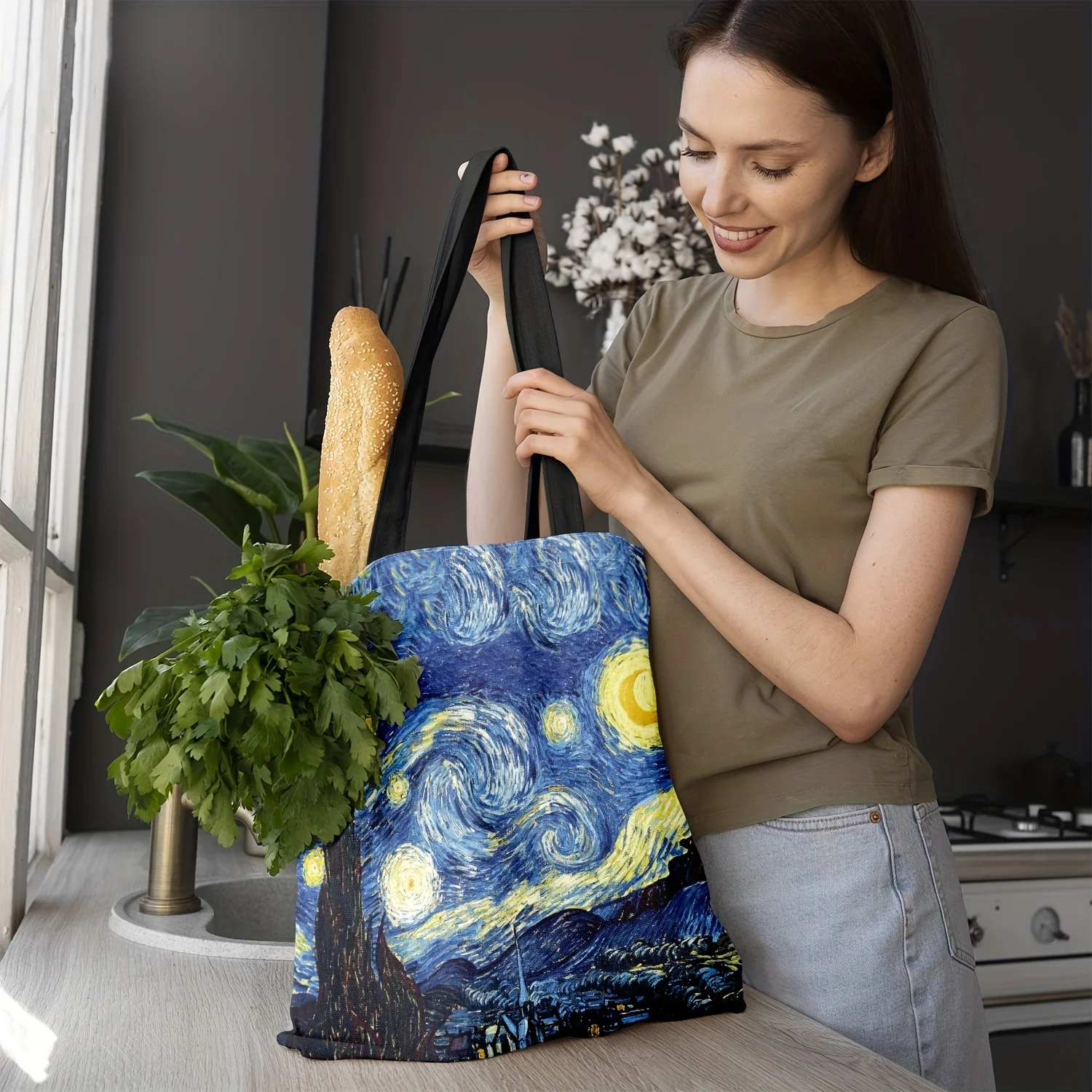 Borsa in tela serie Van Gogh pittura a olio notte stellata girasole fiore di albicocca porta caffè borsa a tracolla leggera