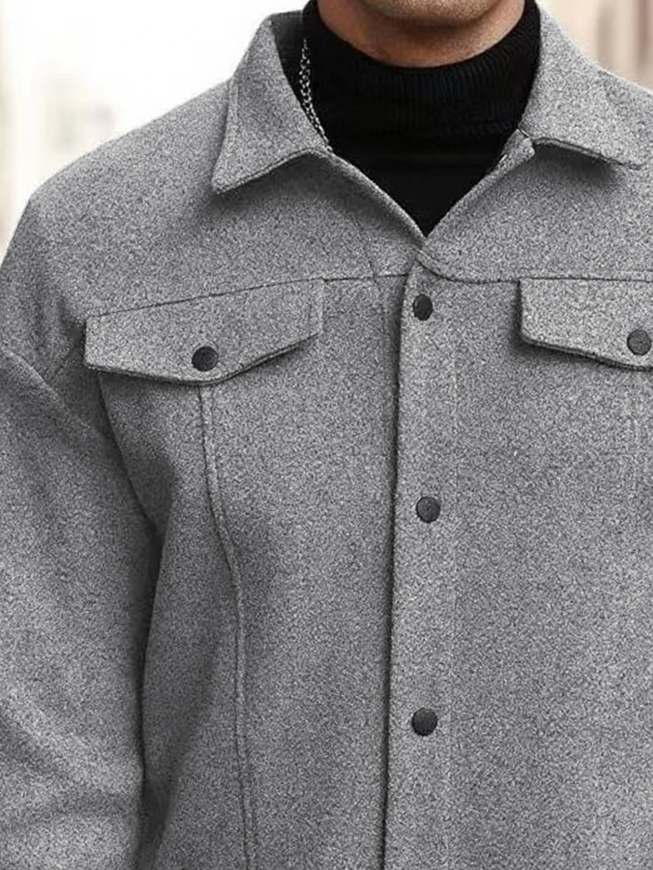 Autumn New Men's Woolen Jacket Solid Color Jacket Coat Collar Button Front Flip Pocket Coat