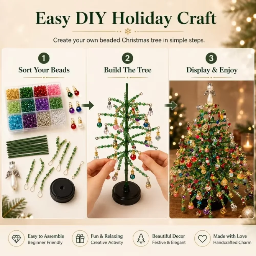 Handmade DIY Beaded Christmas Tree Kit Crystal Bead Colorful Mini Bead Weaving Set Educational Sparkling