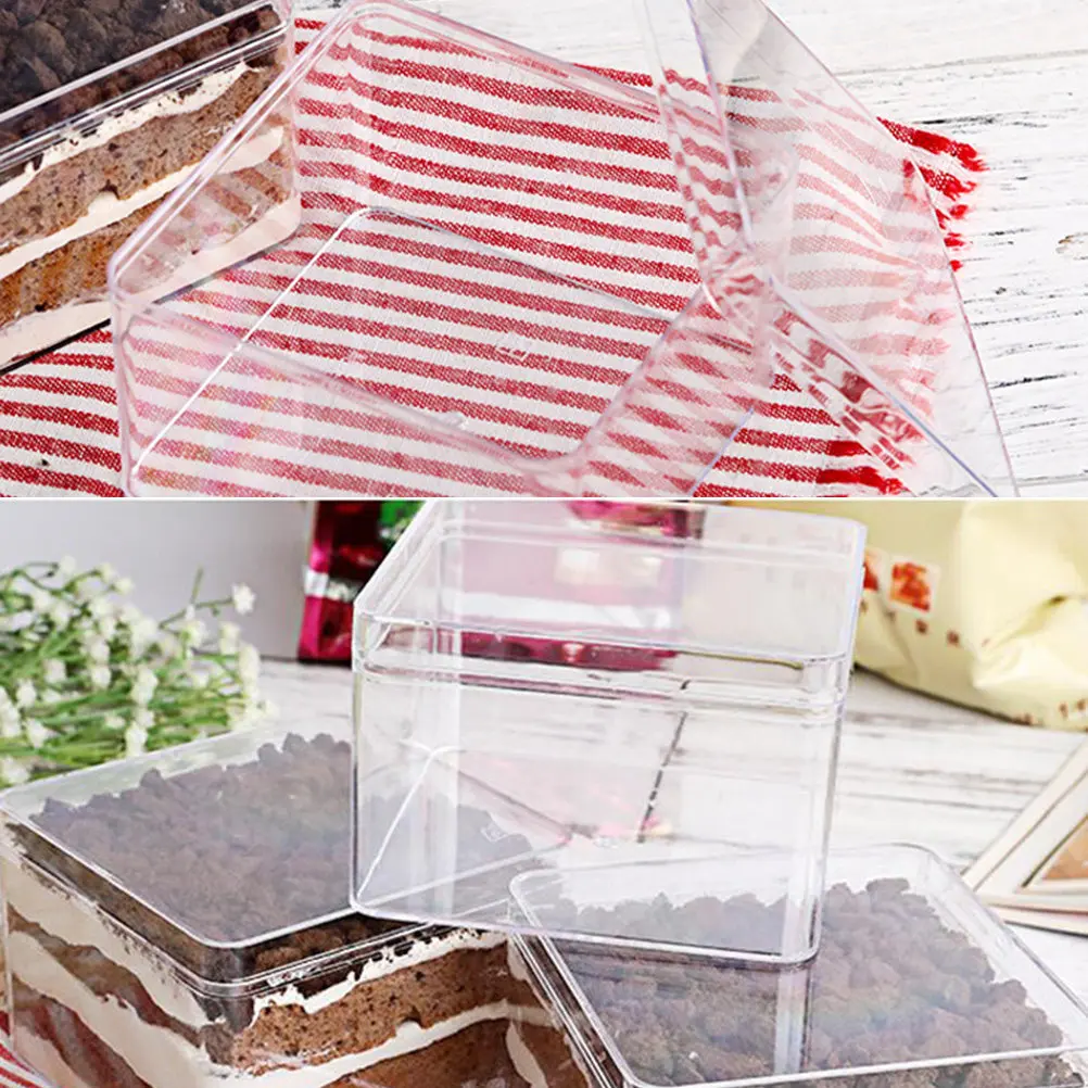 10Pcs Clear Dessert Container Cake Box Square Food Grade Plastic Reusable Lid for Birthday Wedding Mousse Jelly Pudding