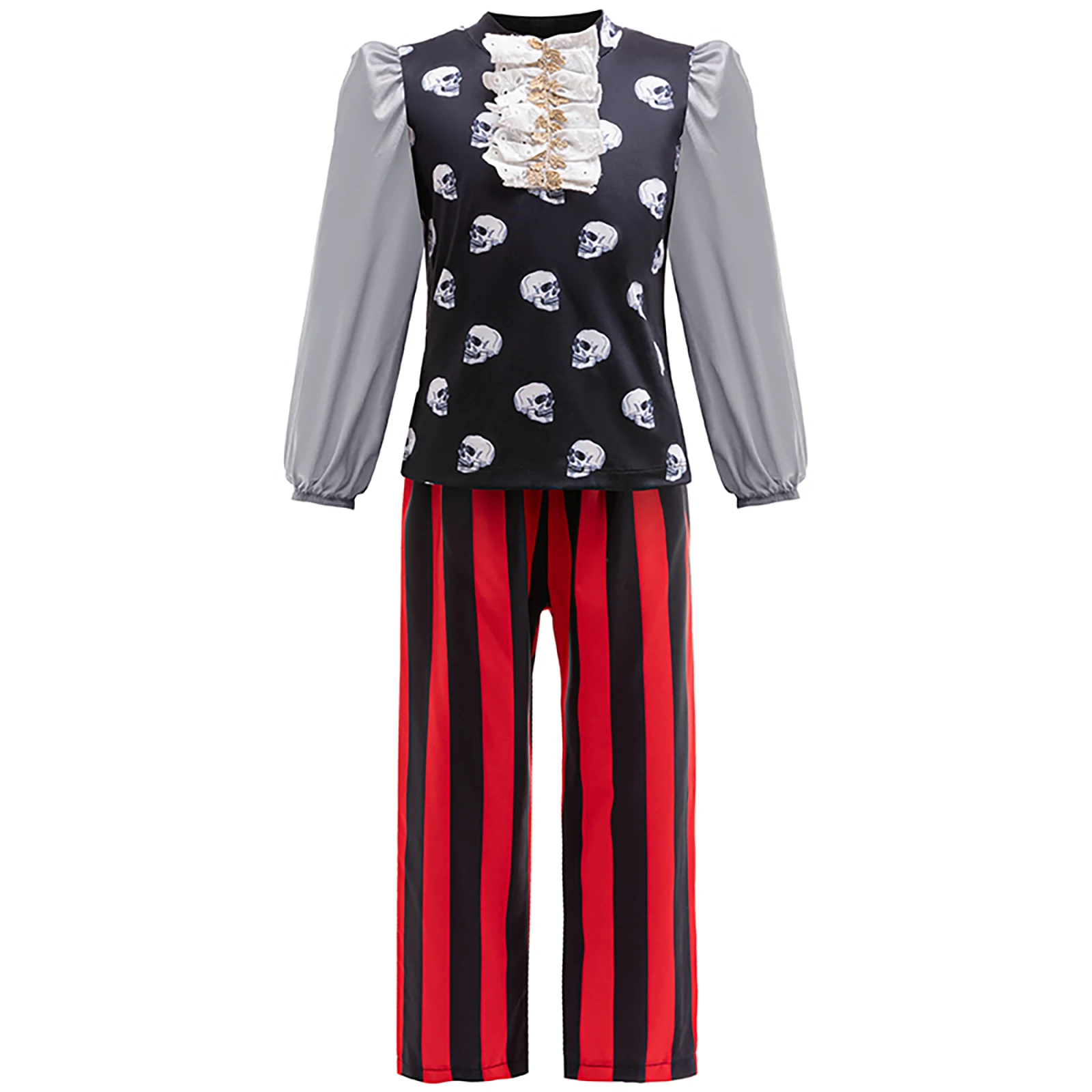 Kids Boys Medieval Pirate Cosplay Costume Gothic Skeleton Print Tops Stripes Pants Belt Halloween Party Pirate Captain Uniform