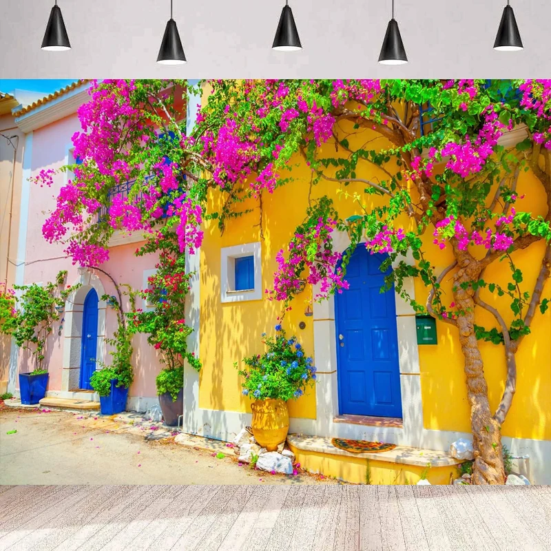 Greece Town Street Photography Backdrop Colorful Houses Blooming Flowers Greece Background Wall For Wedding Europe Travel Poster