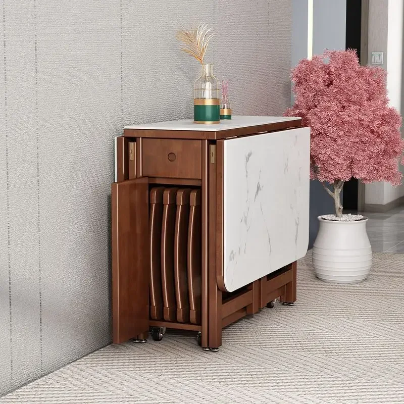 Slate folding dining table Solid wood Nordic small household simple retractable mobile folding table