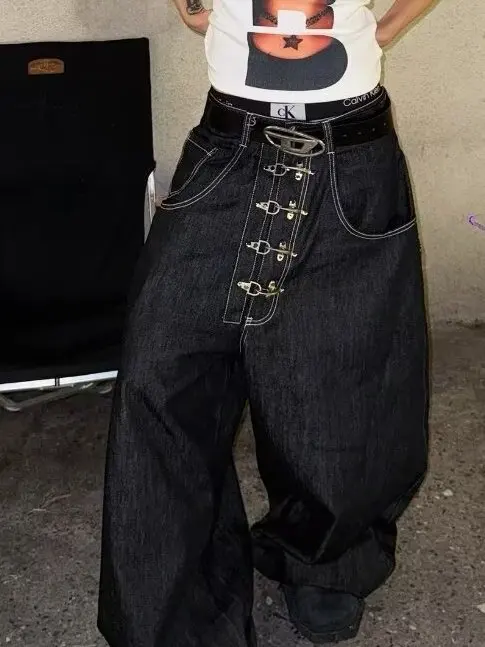 American High Street Retro Aircraft Buckle Frayed Jeans Men's  Design High-End Straight Leg Long Pants Casual Wear