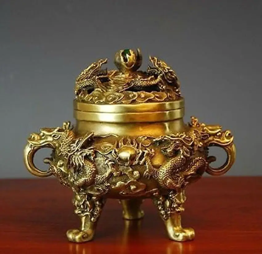

Collectible Chinese Brass Nine Dragons Kowloon incense burner