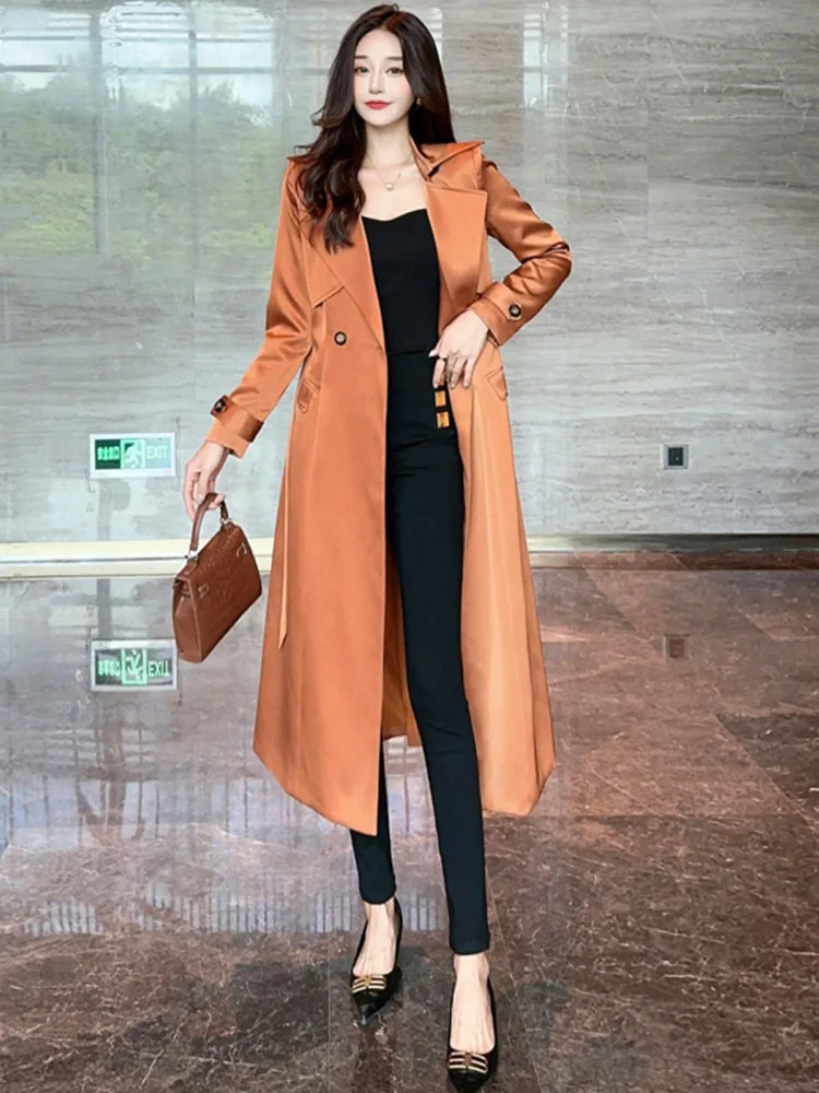 New Long Khaki Trench Women Coat Autumn Spring Turn Down Collar Female Jacket Clothes Causal Belt Outerwear 2024