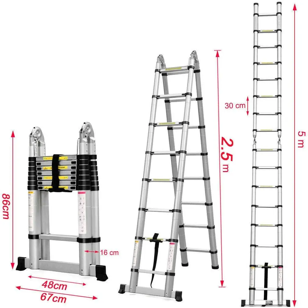 Telescopic Folding Ladder 2.5M+2.5M Multi Purpose A-Frame Heavy Duty Loft Ladders 16.5 FT Aluminum with Stabilizer Home Tools