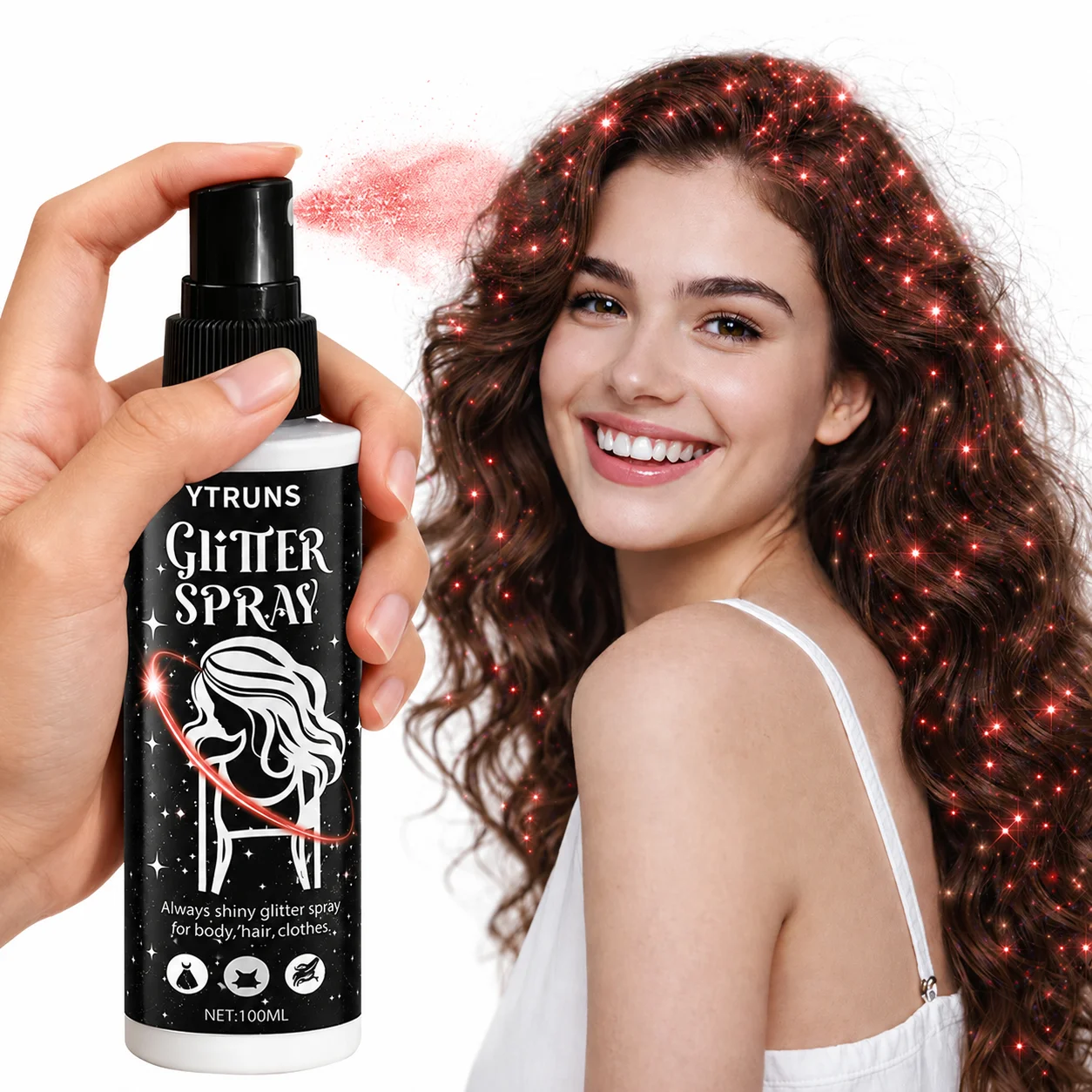YTRUNS Red Glitter Spray 100ml, Shimmer Glow Mist for Hair Body Clothes, Quick Dry Sparkle for Halloween Party Club