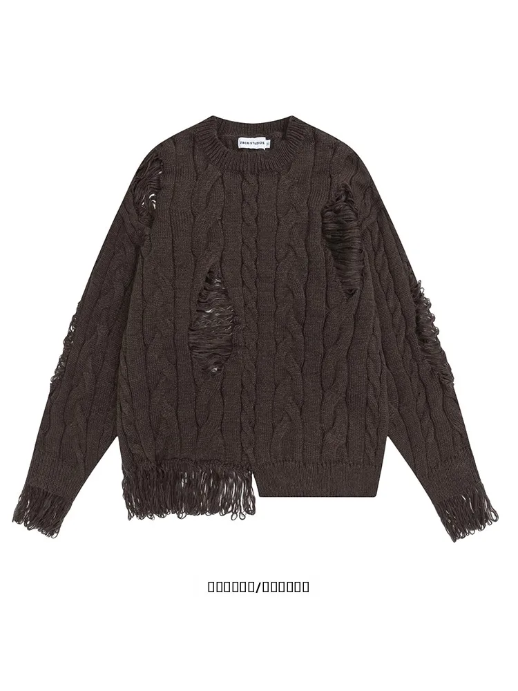 

Свободный свитер с круглым вырезом и бахромой в стиле стритвир для женщин, модный вязаный свитер американского бренда, проверенный временем, в стиле High Street