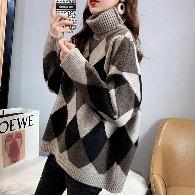 Fashion Turtleneck Spliced Knitted Loose Plaid Sweaters Female Clothing 2023 Winter New Oversized Casual Pullovers Warm Tops