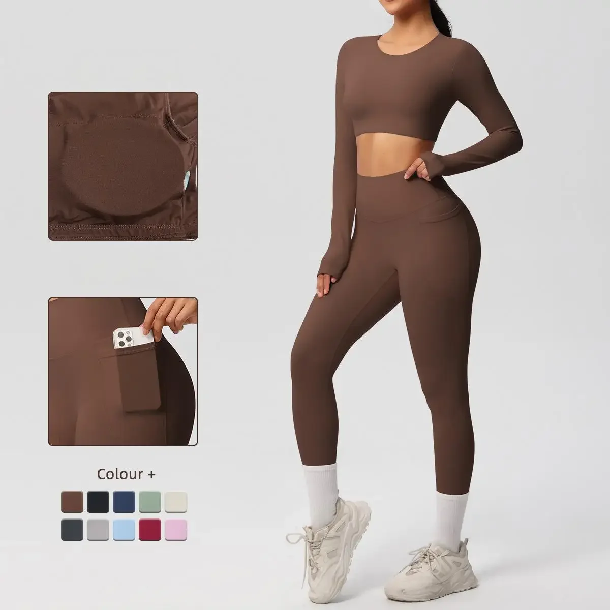 

Yoga Set Women Sportswear Yoga Clothes Fitness Long Sleeve With Padded Tracksuits Sports Suit Gym Top High Waist Leggings Pocket