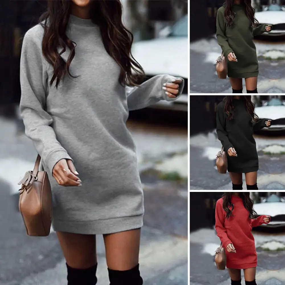 Cotton Dress Cozy Plush Winter Dress with Stretchy Hem Cuff Loose Fit Round Neck Pullover Mini Dress for Wear Fall/winter Fall