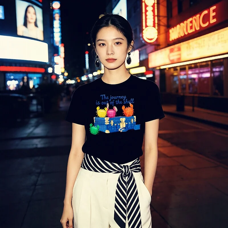 Chunyu Yinjia Original Brand American Style Crab Suitcase Print T-Shirt Women's European Goods Sweet Cool Hot Girl Style Short S