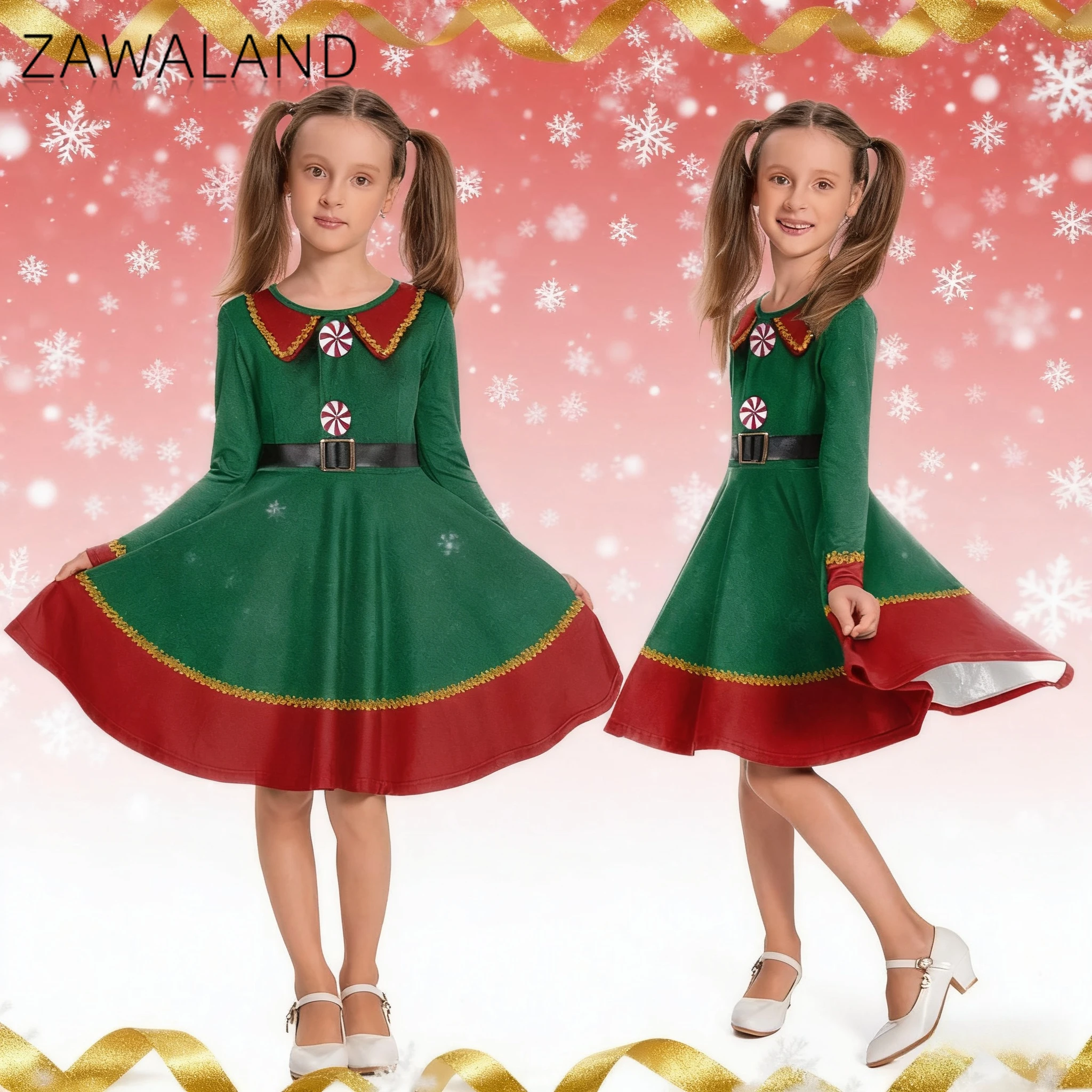 

Christmas Classic Printing Cosplay Dress Fake Collar Long Sleeve Dresses Xmas Stage Performance Costume Holiday Party Outfits