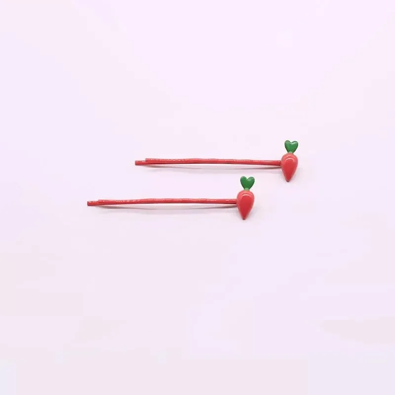 2 Pcs Children\'s Red Strawberry Cherry Orange Carrot Metal Hair Clips Cute Fashion Hairpin Simple Bangs Word Clip Headdress