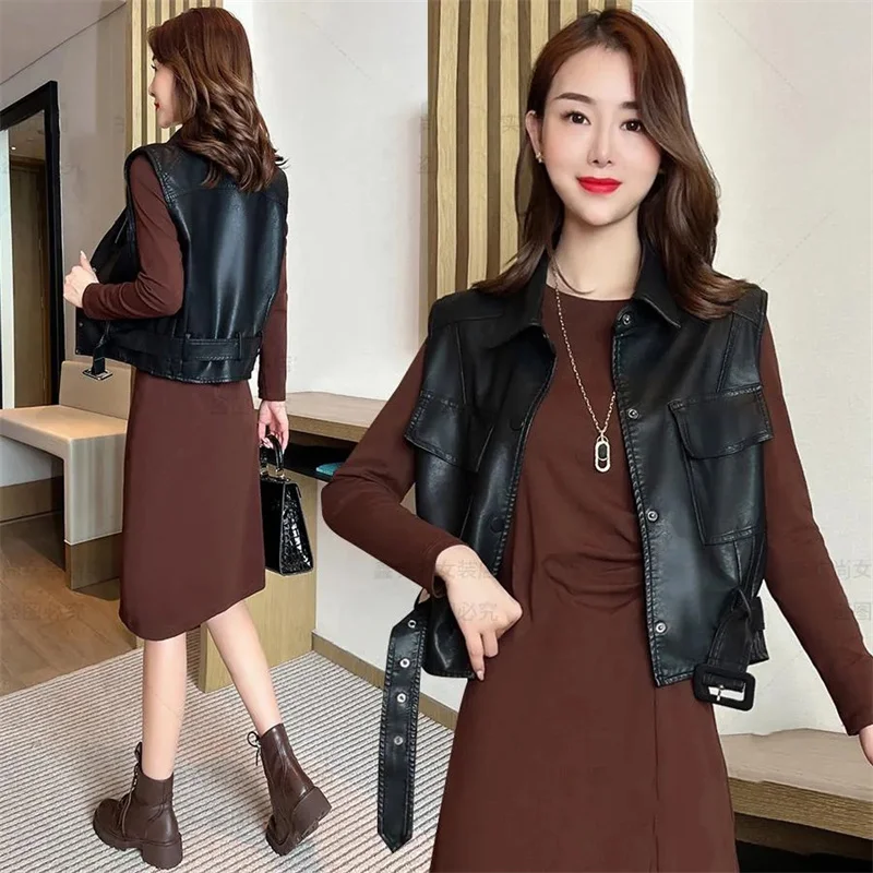 Hong Kong Style Leather Vest Female Spring Autumn 2023 New Fashion PU Leather Jacket Women\'s Vest Waistcoat Locomotive Clothing