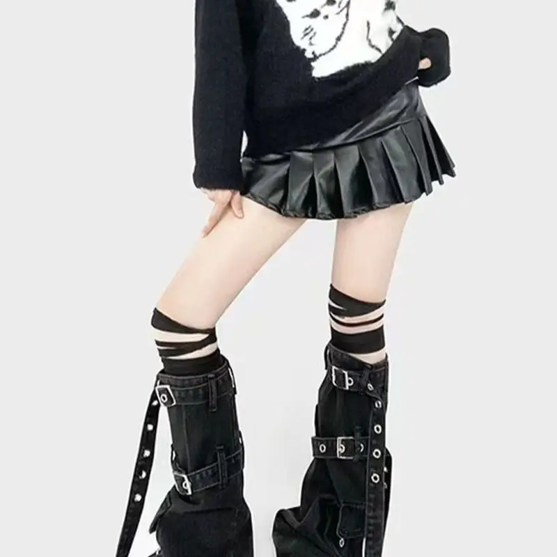 Y2k Punk Multi-buckle Straps Denim Leg Warmers Cover Women Cargo Pocket Stacked Boot Covers Streetwear Leg Sleeves