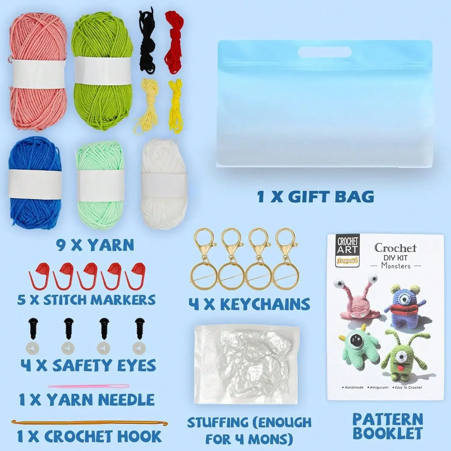 Crochet Starter Knitting Kit para Iniciantes, Kit monstro Crochet, Monstros Plushies Keychain, 4pcs