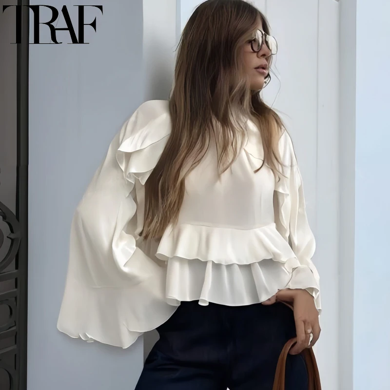 

TRAF Woman 2025 Tops Ruffle Long Sleeve Top Elegant Womens Blouses Cropped Plain Shirts Spring Summer Beautiful Women's Blouses