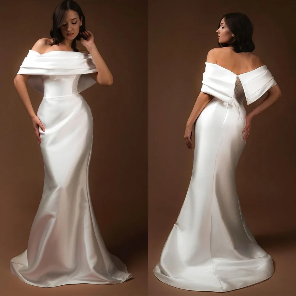 

Customized Sexy White Satin Wedding Dresses Simple Boat Neck Off the Shoulder Short Sleeves Bridal Gowns Lace Up Back Dress