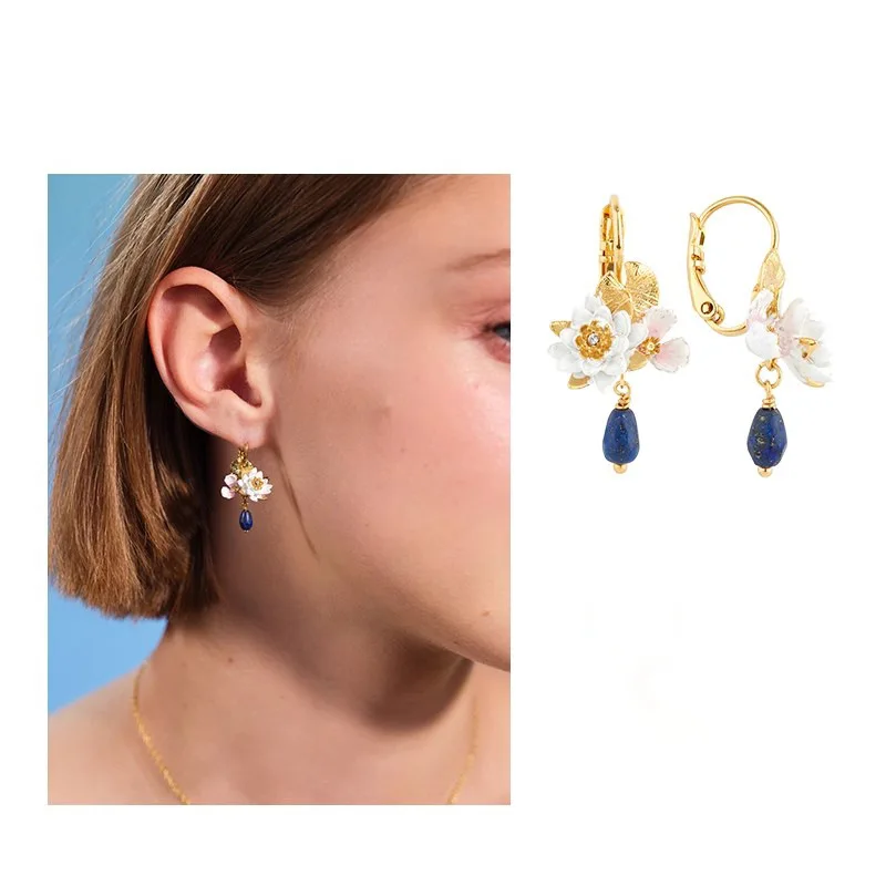ต่างหูรูปหยดน้ำเคลือบสีทองย้อนยุคสำหรับผู้หญิงหญิงสาวดีไซน์แฟชั่นต่างหูรูปใบไม้ดอกไม้สุดน่ารักสไตล์เกาหลีของขวัญสำหรับงานเลี้ยง