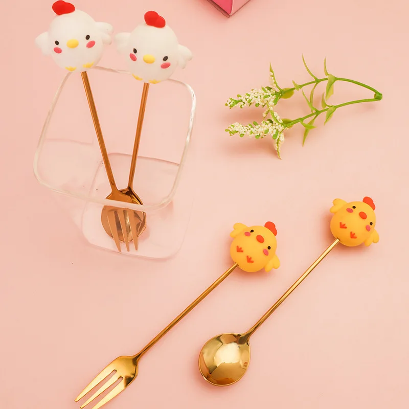 304 Stainless Steel Coffee Spoon Fork Cute Yellow Chicken and White Chicken Afternoon Tea Coffee Spoon Fork Silverware Set