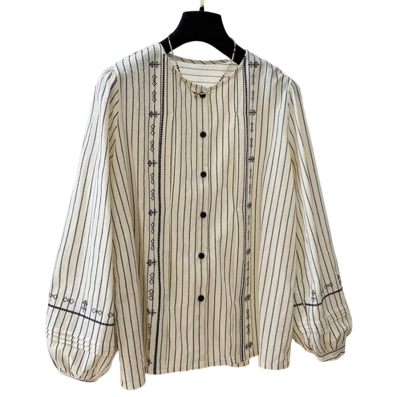 

SuperAen Korean Style Round-neck Striped Long-sleeved Shirts for Women 2026 Spring and Autumn New Loose Embroidered Tops