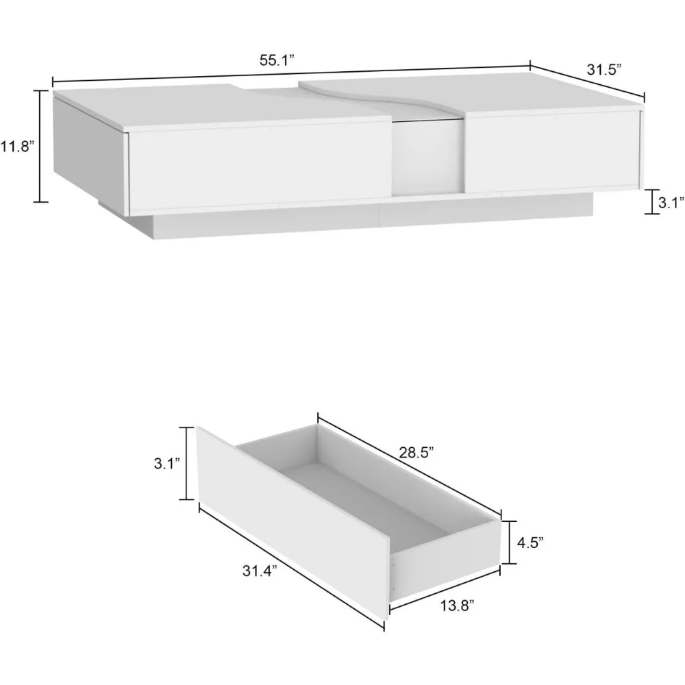 Modern Coffee Table with Lights & Glass Tabletop, Living Room Coffee Table with 2 Drawers, Central Table with Storage, White