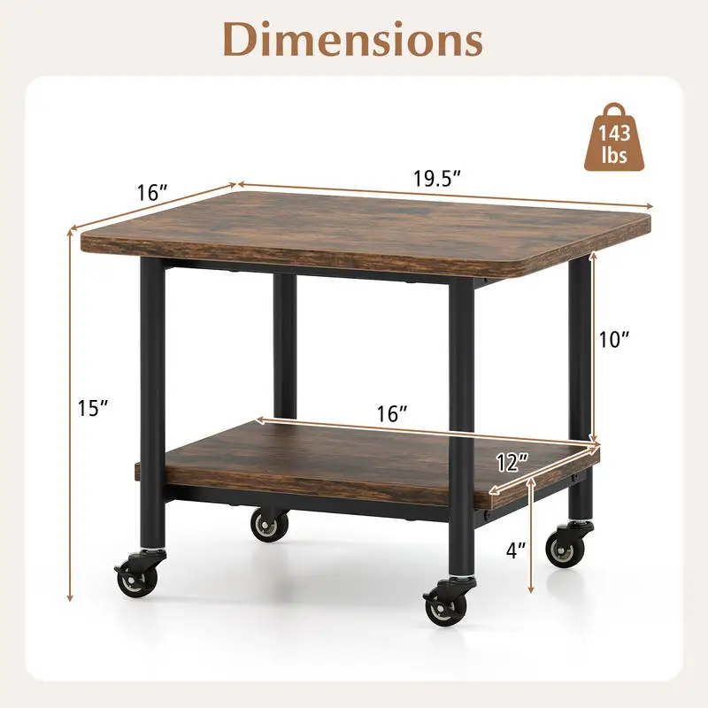 2-Tier Rolling Under Desk Machine Stand Cart, Rustic Brown Mobile Storage Organizer for Workspace, Deskside, and Office Use