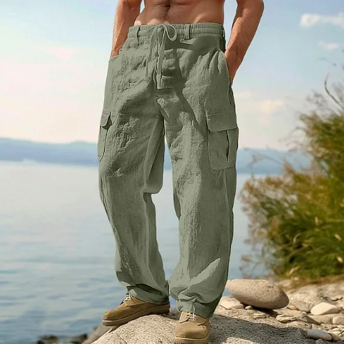 2026 Spring Summer Men Cotton Linen Pants Solid Loose Oversized Vintage Trousers Multi Pocket Straight Leg Casual Jogging Pants