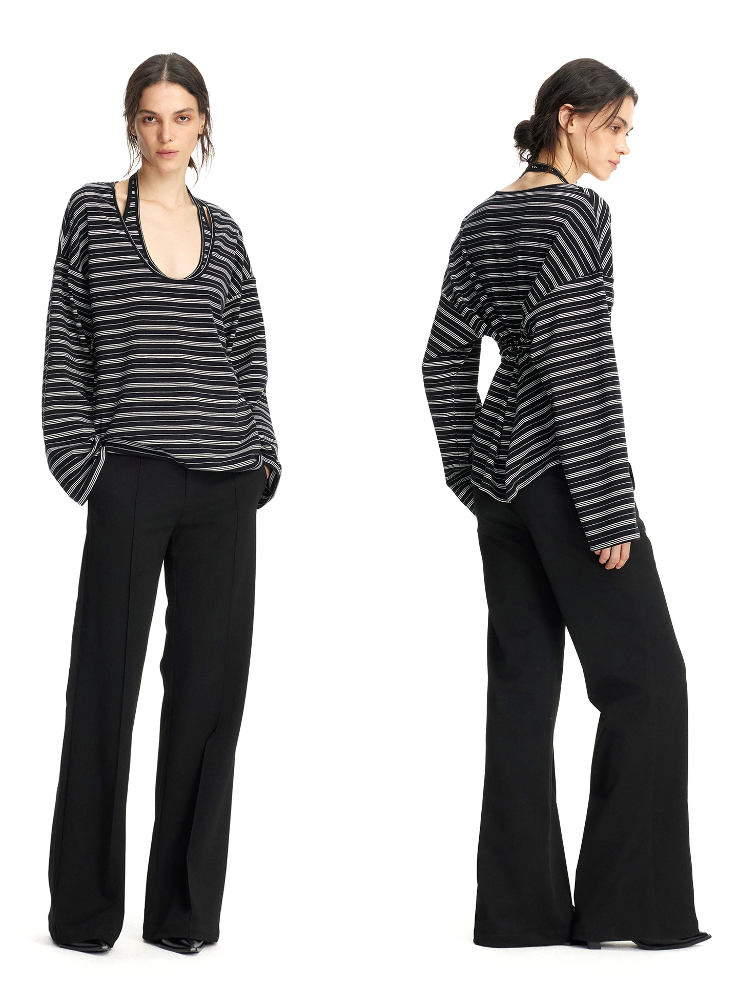 

Женская свободная полосатая футболка Emp Page, комплект из двух предметов, утягивающий топ с U-образным вырезом, повседневный топ из смеси хлопка, полиэстера и лиоцелла