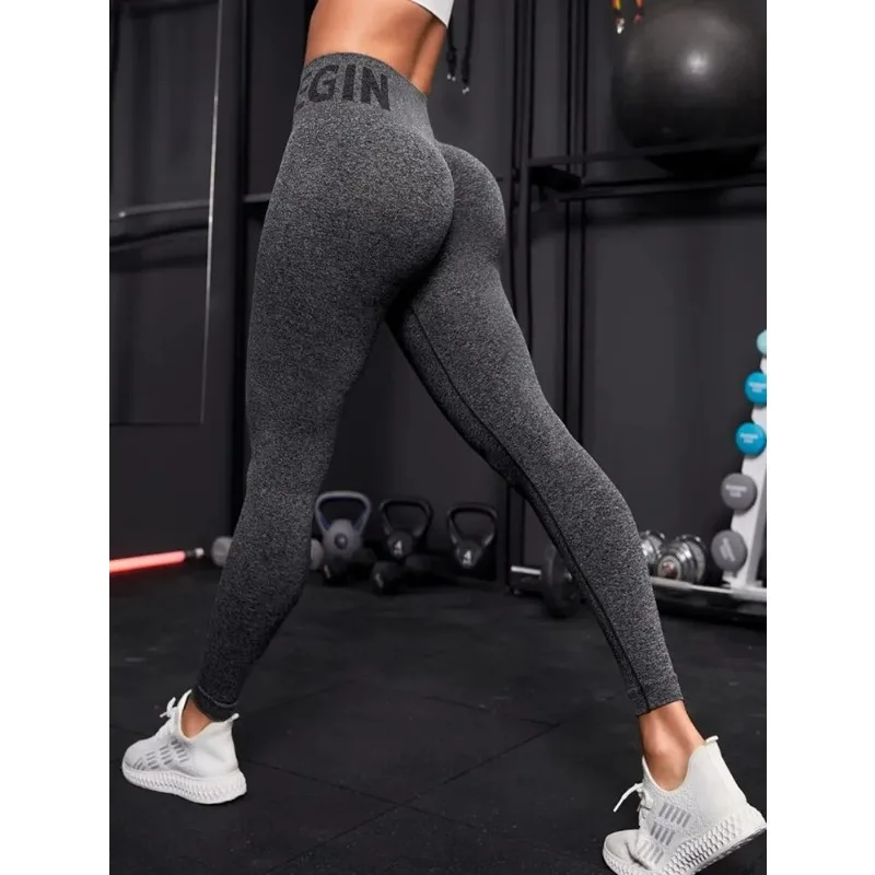 Women Summer Seamless Solid Sports Leggings with High Waist Hip Lifting Letter Pants Fitness Yoga PantsTraining Leggings