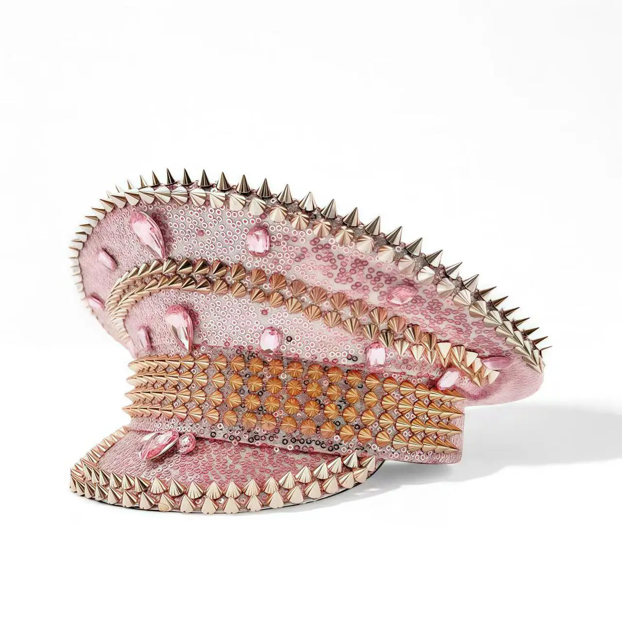 HongLuan Yellow Laser Leather Loop Captain Hat Rhinestone & Military Caps for Woman, Rave Festivals Accessories ＆ Party Cap Man