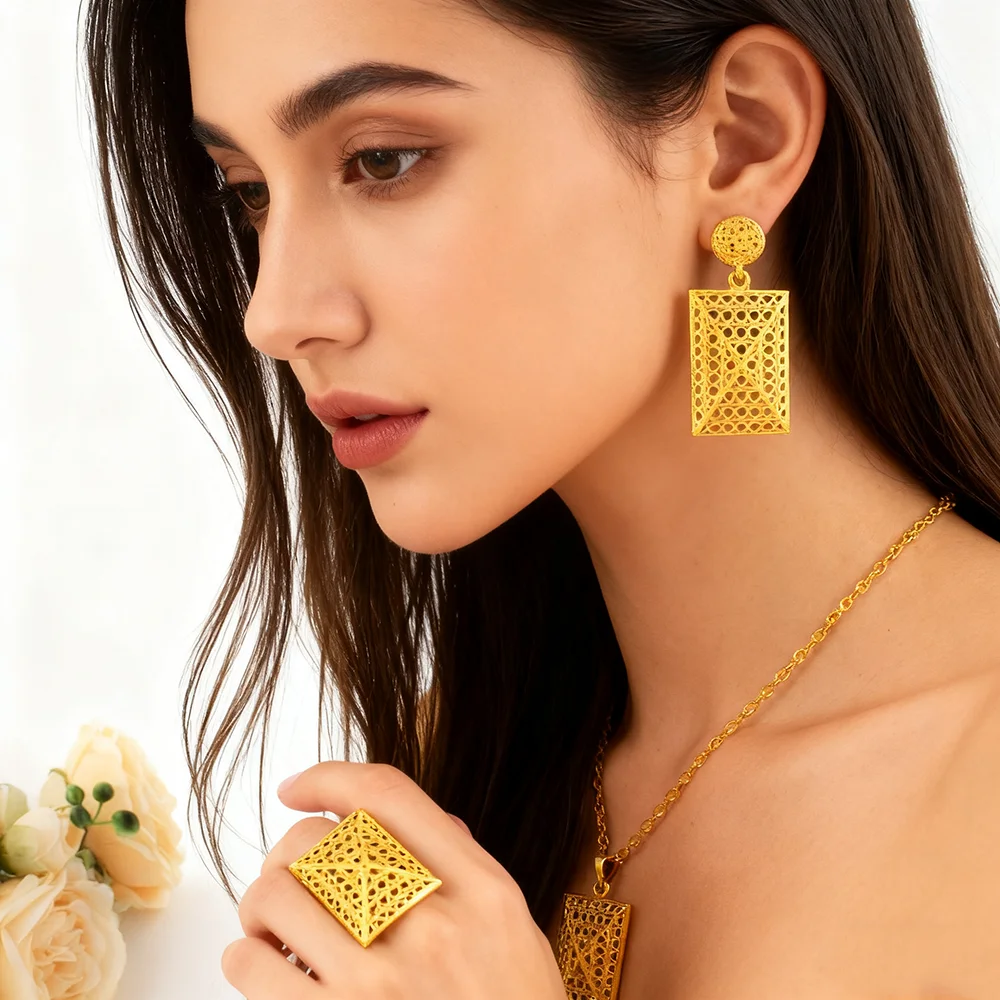 

YM Gold Color Rectangle Shape Women Jewelry Set Mid East Noble Earrings Ring Necklace Jewelry Wholesale Gift for Party Wedding