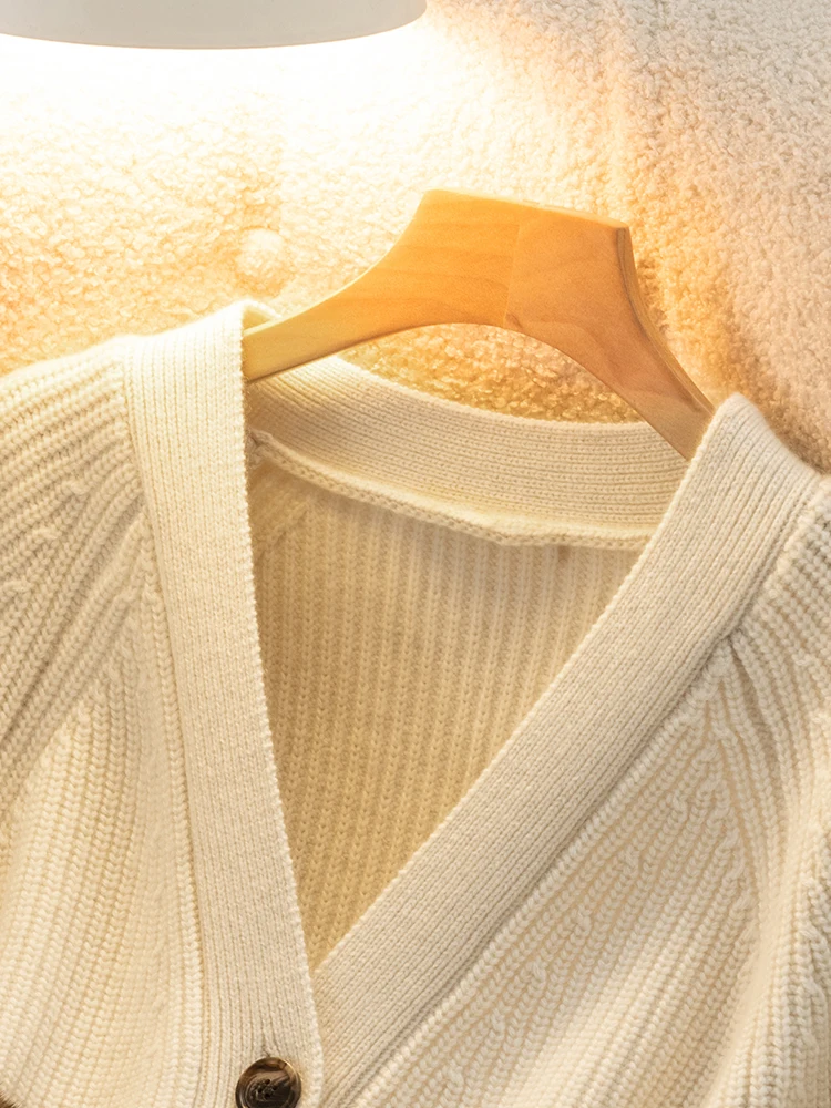 High Quality Women V-neck Cardigan Cashmere Sweater Autumn Winter Thick 100% Merino Wool Knitwear Comfort Loose Korean Fashion