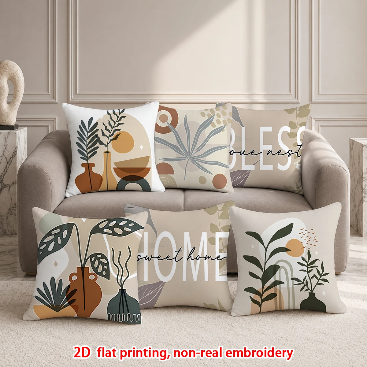 6pcs Boho Abstract Plant Throw Pillow Covers Set of 6 Neutral Tone Home Sweet Home Decorative Cushion Cases for Sofa Bedroom