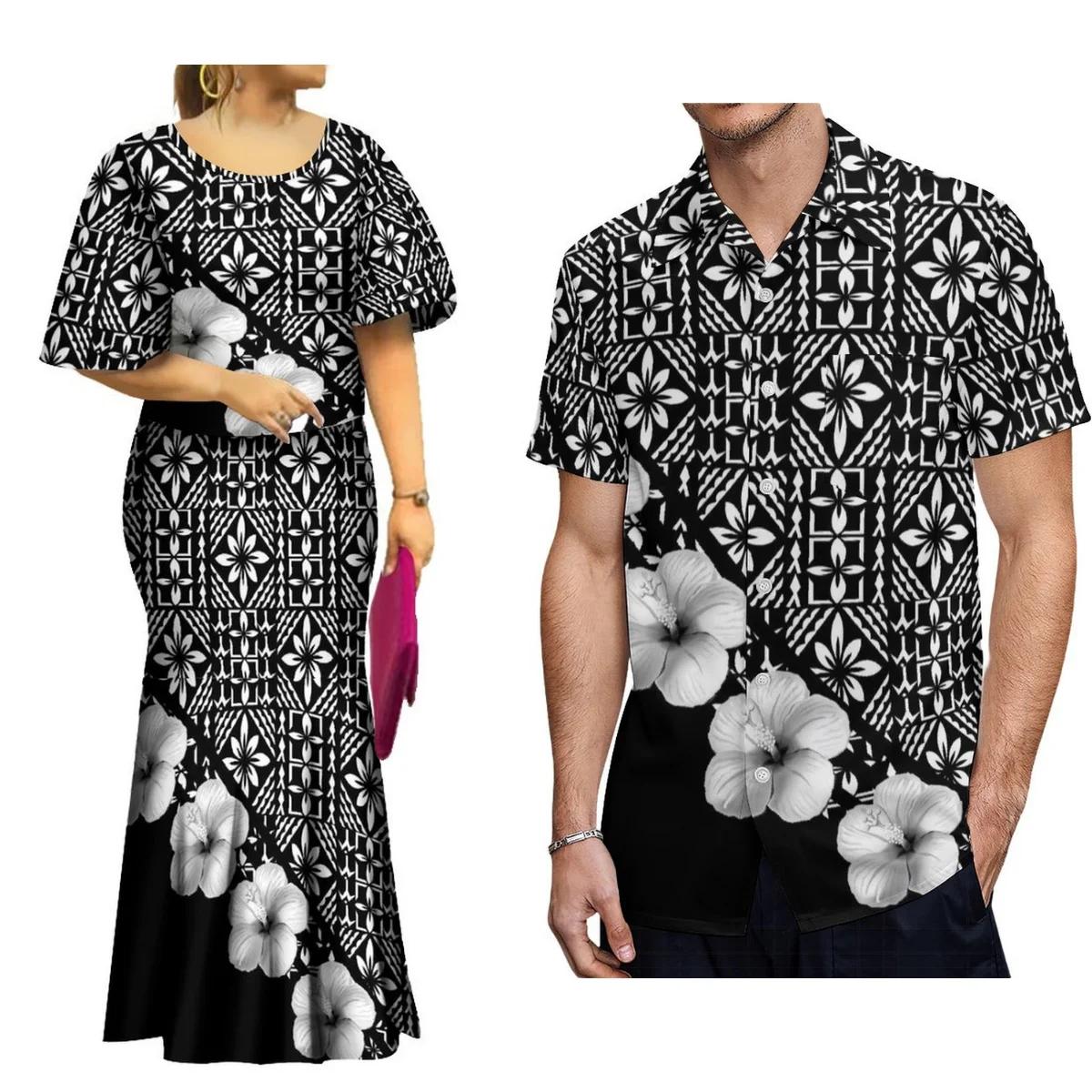 

High Quality Samoa Polynesian Tribe Design Couple Set Women'S Batsleeve Dress Set Fishtail Skirt With Men'S Shirt