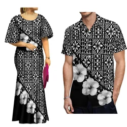 High Quality Samoa Polynesian Tribe Design Couple Set Women'S Batsleeve Dress Set Fishtail Skirt With Men'S Shirt