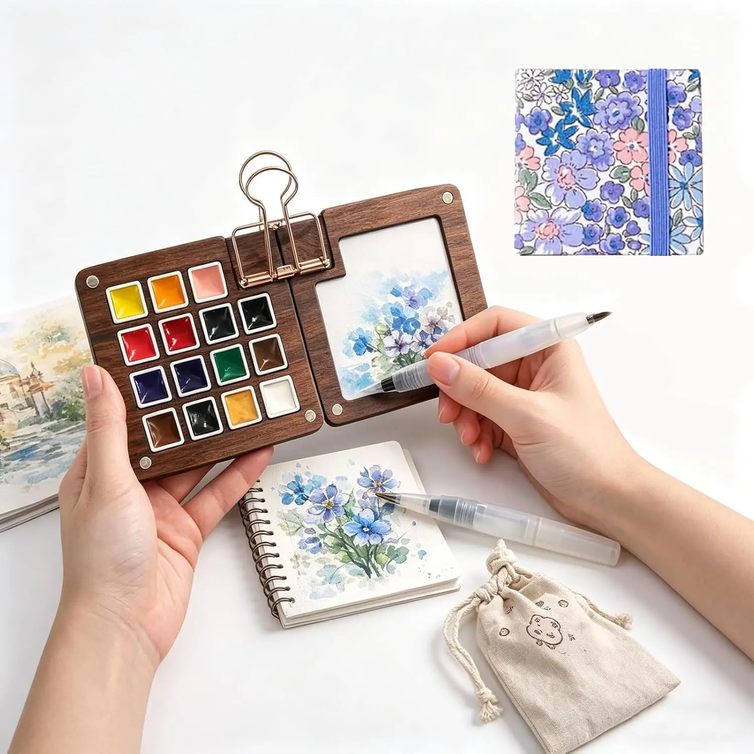 

15-Color Mini Wooden Watercolor Palette Set – Portable Travel Kit with Water Brush, Sketchbook & Storage Bag