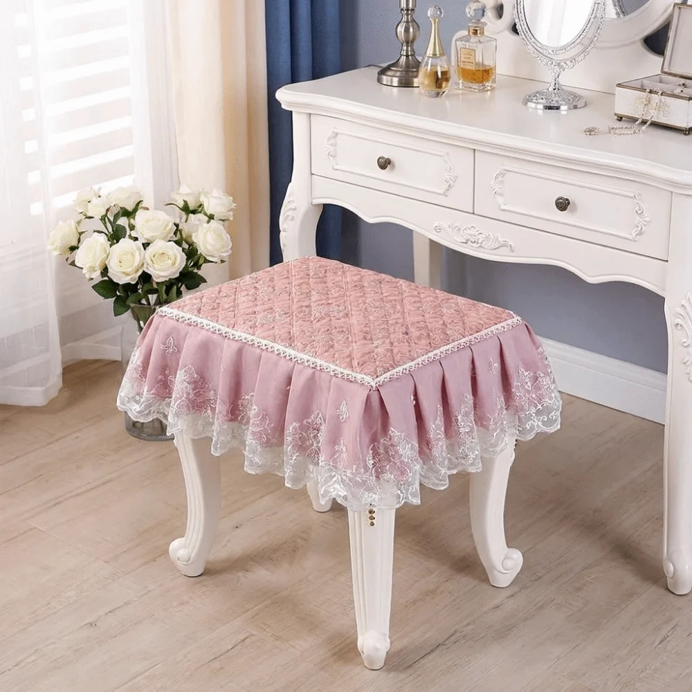 Floral Pattern Makeup Stool Cover Lace Edge Ruffled Stool Cushion Cover Non-Slip Washable Elastic Stool Slipcover Office Chair