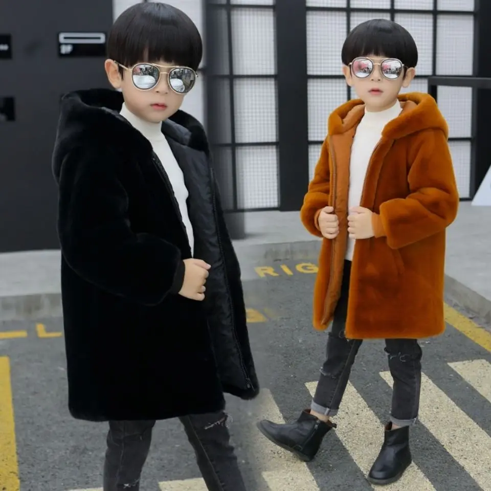 Boys Fur Coat Thick Cotton Children Girls Imitation Mink Plush Coat Windproof Sleeves Hooded Zipper Autumn and Winter Coat #3