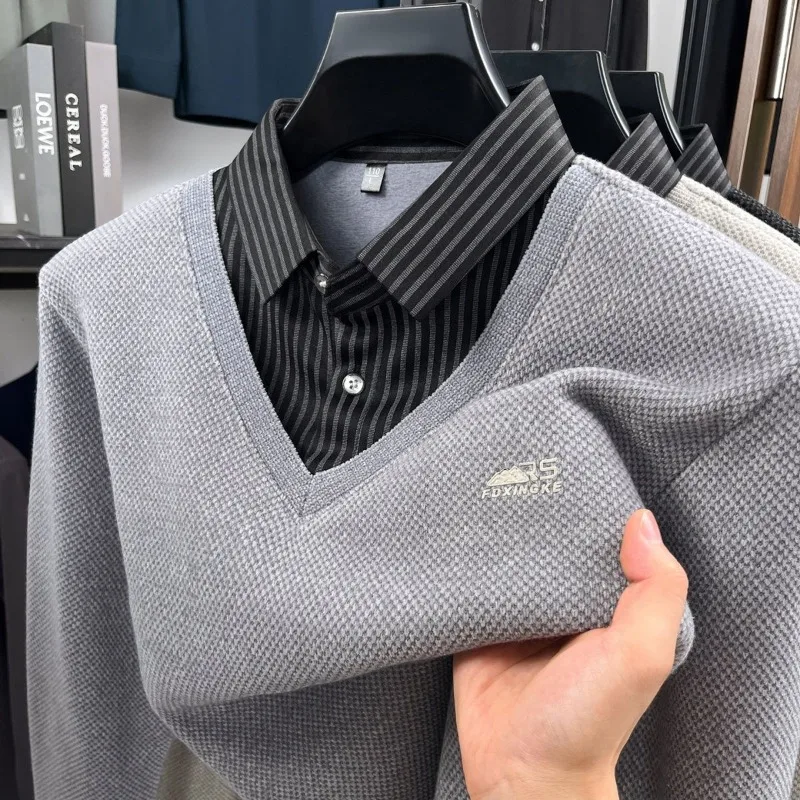 

Мужской флисовый свитер с воротником-поло, деловой повседневный свитер в полоску, искусственный комплект из 2 предметов, лоскутные бархатные свитера с принтом, пуловеры контрастных цветов