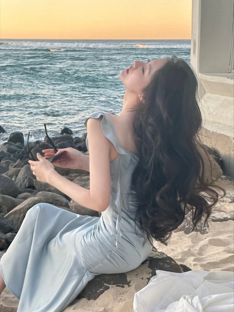 Jielur 우아한 새틴 스트랩 미디 원피스 여성용 빈티지 캐주얼 이븐 파티 드레스, 퓨어 컬러 원피스 원피스, 한국 패션, 여름