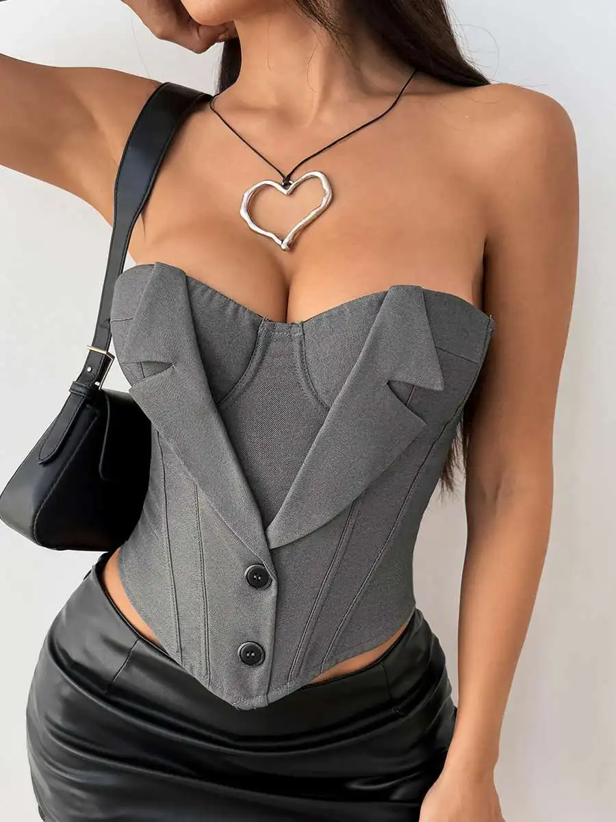 Hot Cross-Border Sale Spicy Girl Wrap Chest Button Decorative Belted Waist Small Vest Women's Fashion Polyester Fiber