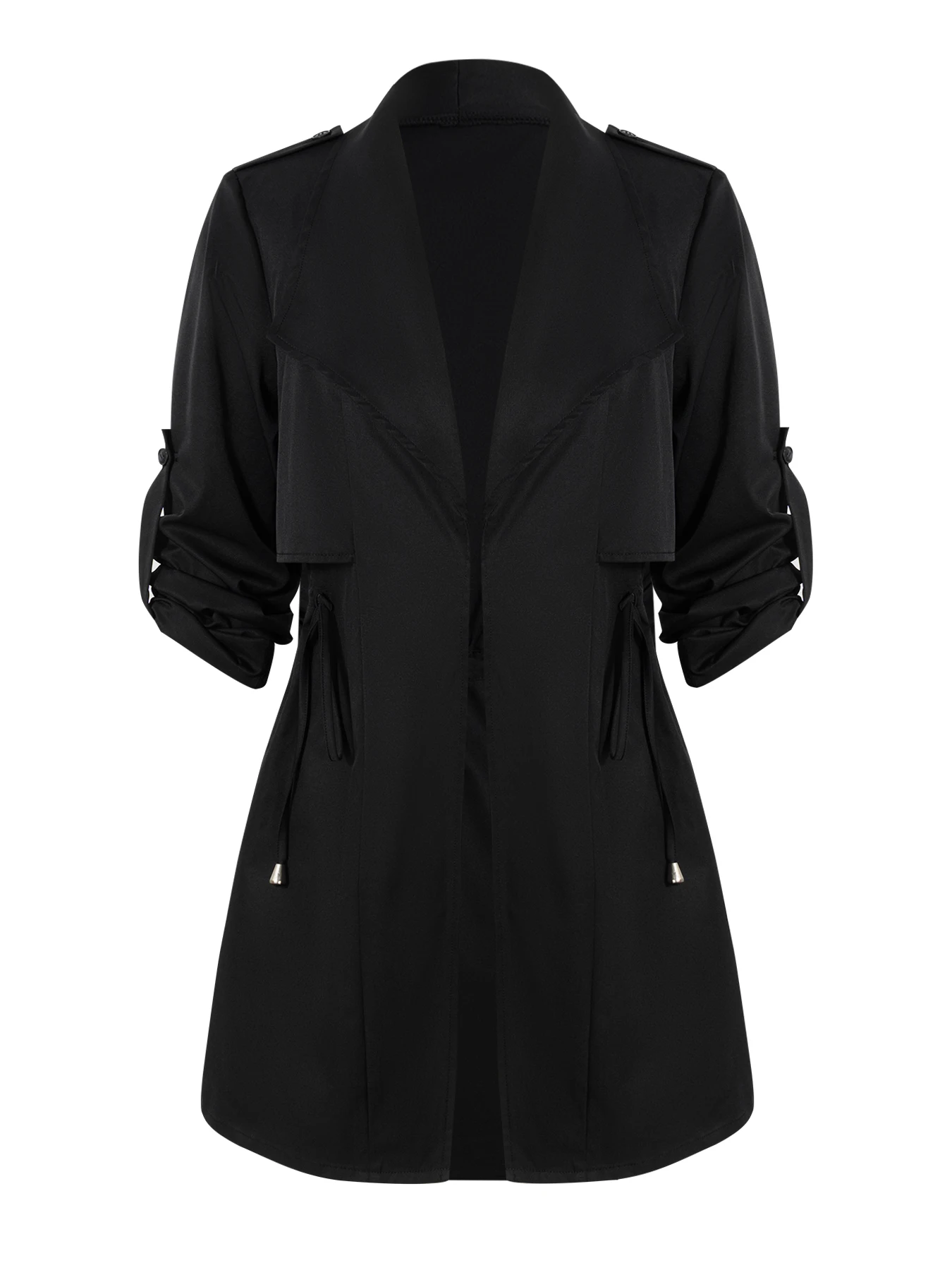 Damen-Trenchcoat, mittellang, zweireihig, langärmelig, mit Schulterklappen und Manschettenbändern, einfarbig, Windbreaker, für den täglichen Gebrauch und als Oberbekleidung. – Detail 5
