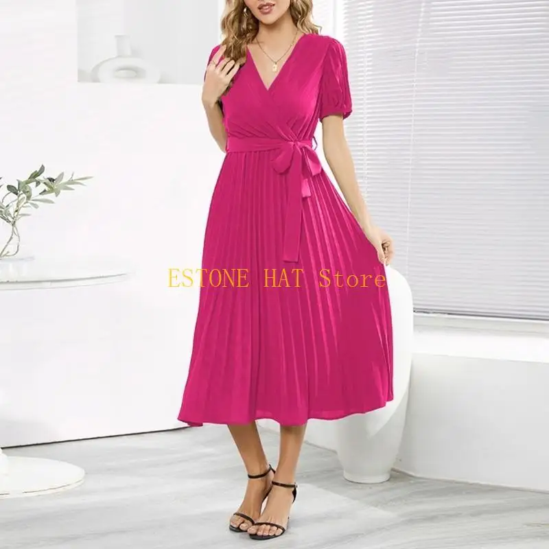 49MF Damska elegancka bufiasta sukienka z krótkim rękawem i dekoltem w kształcie litery V, plisowana, długa sukienka midi z