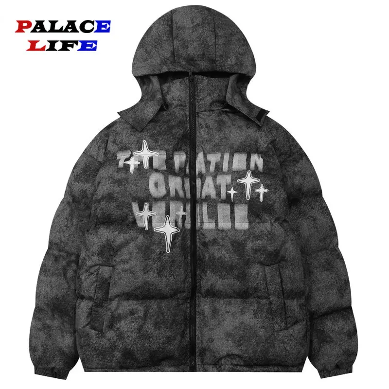 

Hip Hop Winter Parkas Jacket Men Streetwear Letter Print Tie Dye Removable Hooded Thicken Warm Bubble Padded Coats Punk Jackets