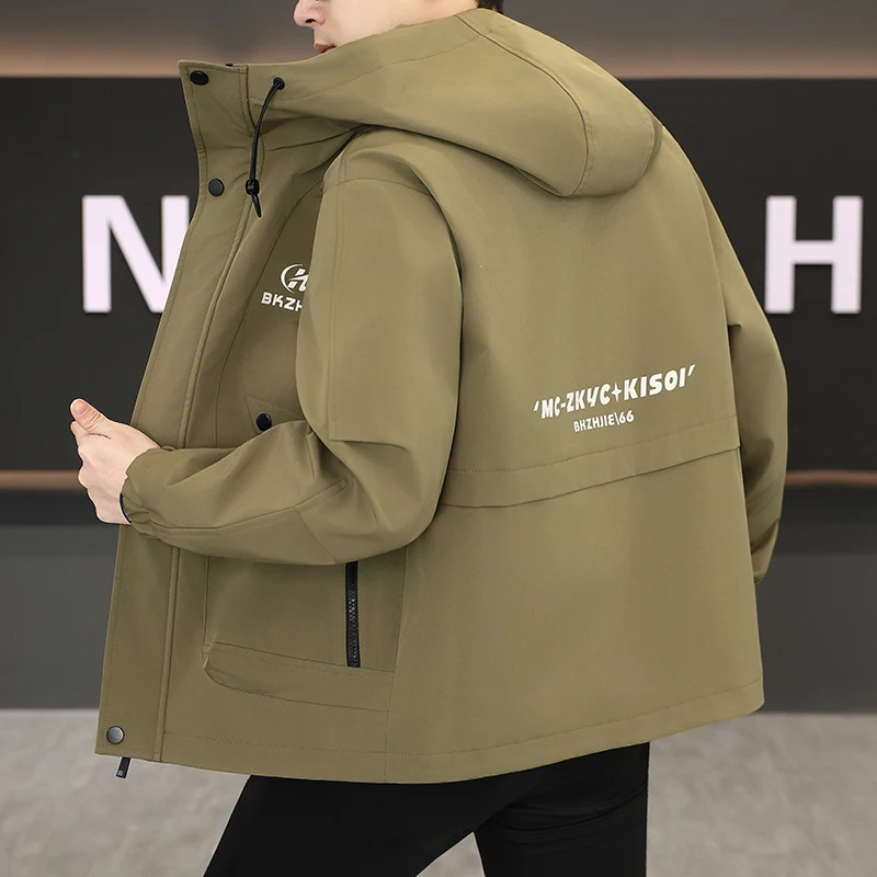 

Новая мужская повседневная куртка-ветровка с капюшоном на весну 2026 года, из полиэстера, с длинными рукавами, на молнии, с боковыми карманами